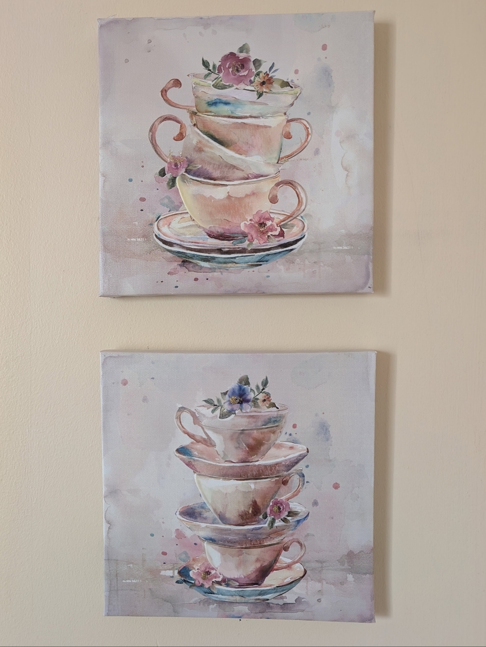 Watercolor Stacked Teacups Canvas Wall Art Set - Pink Floral